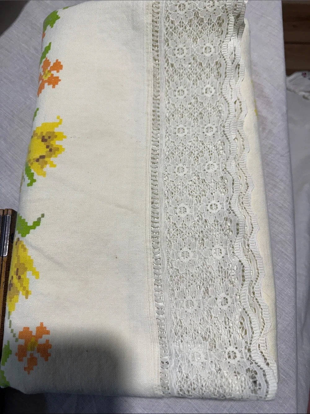 Vintage antique cross stitch fabric and lace yellow floral tablecloth 66x57